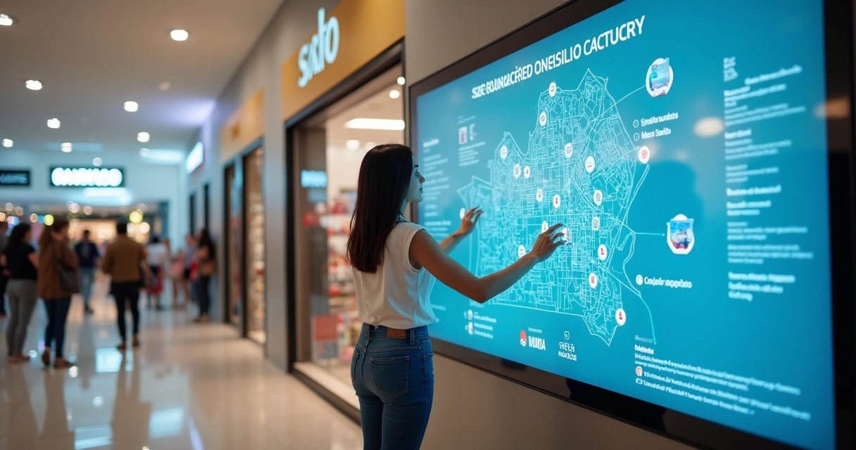 Mulher olhando mapa digital em shopping 