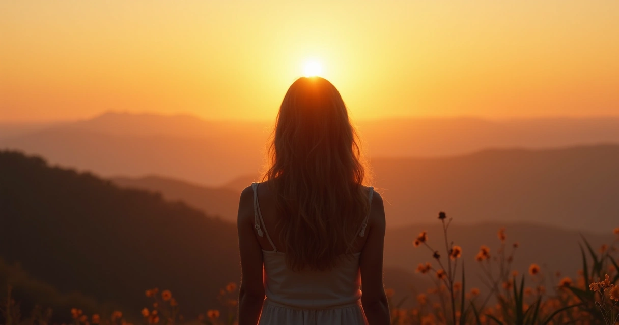 Pessoa de costas olhando paisagem ao pôr do sol 