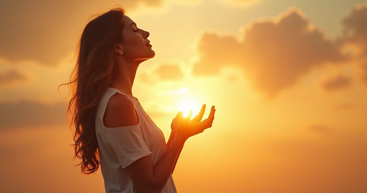 Mulher olhando para o céu com luz suave nas mãos 