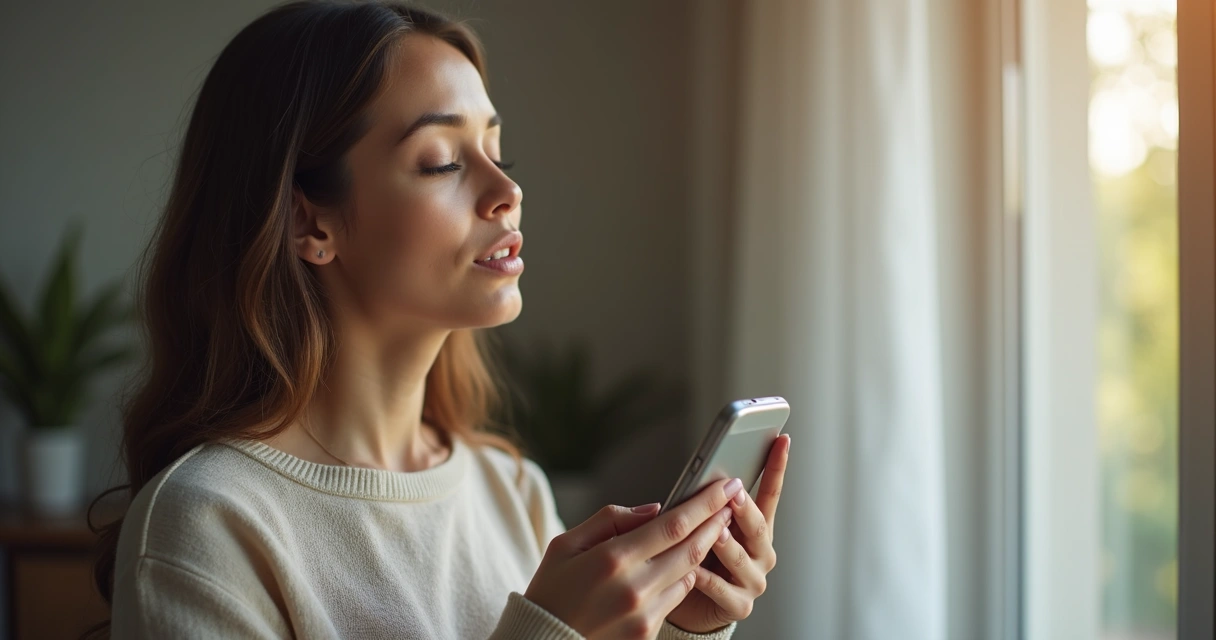 Mulher olhando tela do celular em pé, respirando fundo