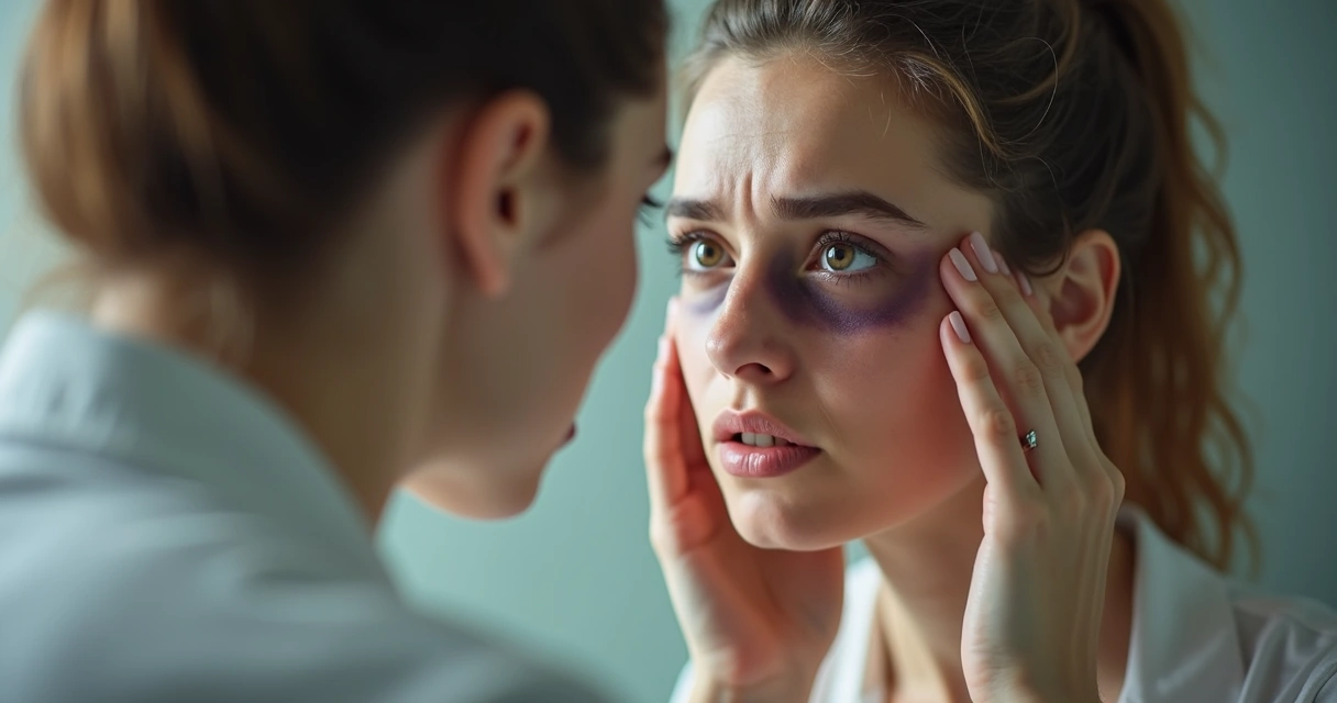 Mulher olhando no espelho com olheiras evidentes sob os olhos. 