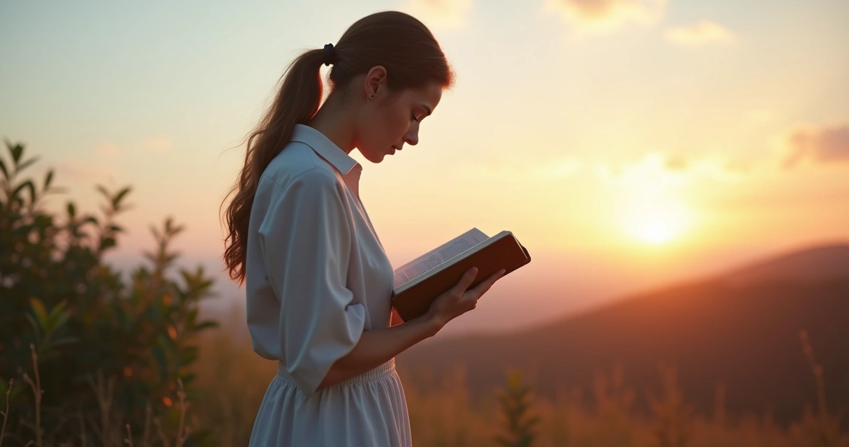 Mulher em oração ao amanhecer, segurando a Bíblia aberta com luz suave e céu claro ao fundo 