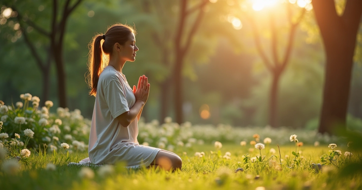 Mulher orando em um jardim tranquilo ao amanhecer com luz suave e natureza ao redor