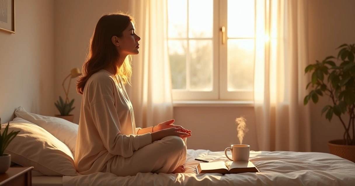 Mulher cristã em oração silenciosa num quarto simples ao amanhecer 