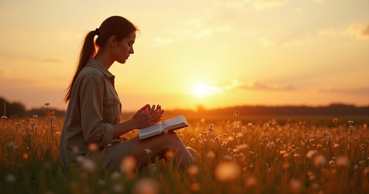 Mulher em oração ao nascer do sol 