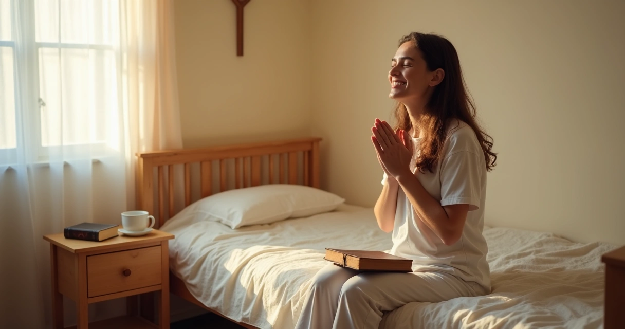Mulher sentada orando com gratidão em um quarto simples