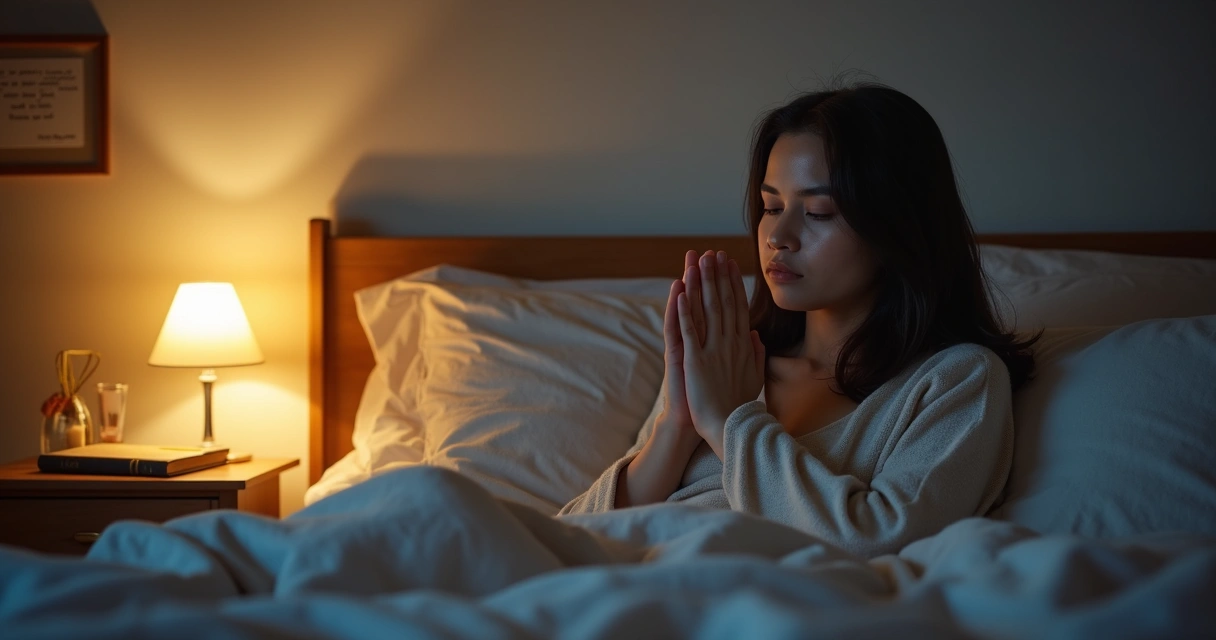 Mulher deitada na cama orando em silêncio à noite em quarto aconchegante iluminado por abajur suave 