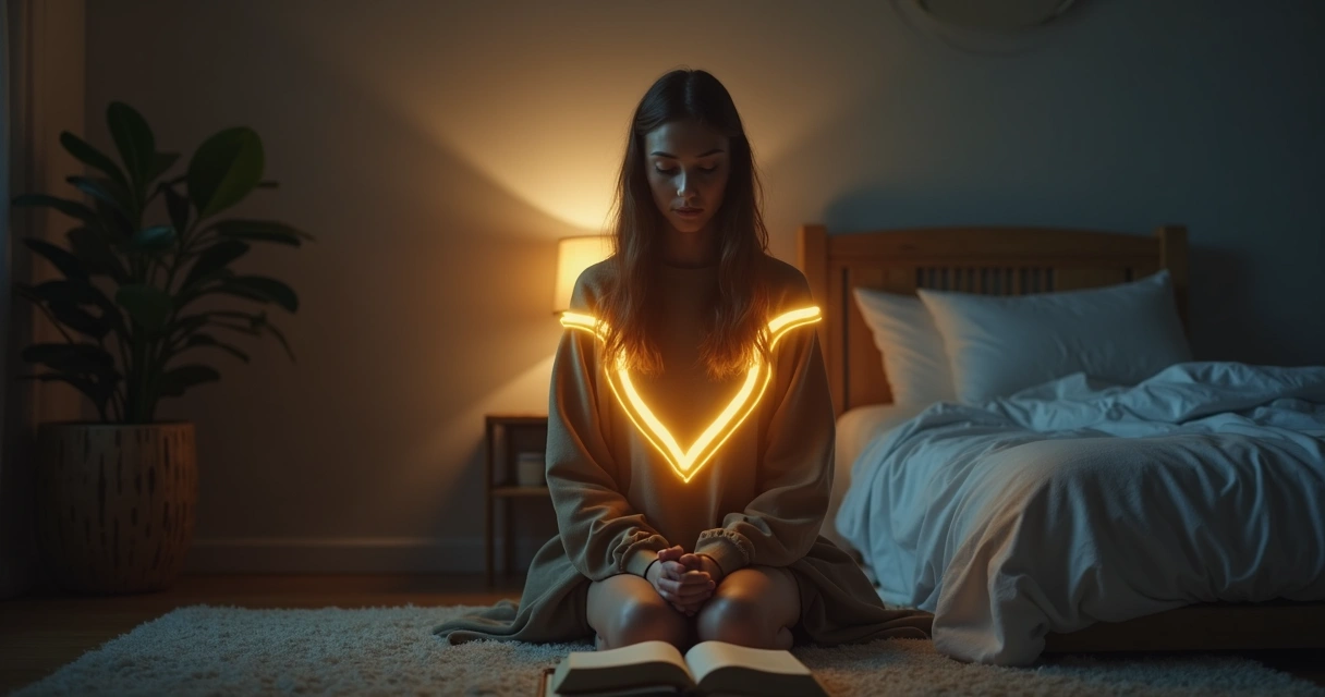 Mulher cristã orando de joelhos envolvida por luz enquanto sombras se afastam ao fundo 