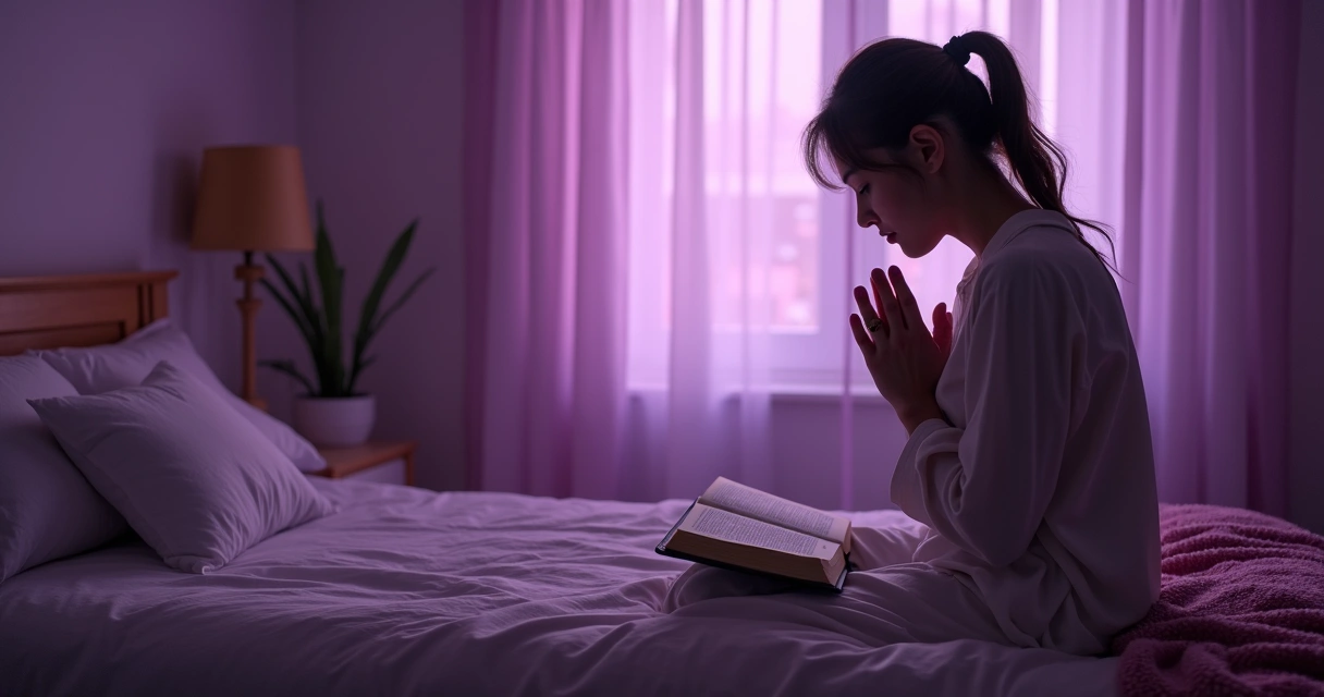 Mulher ajoelhada em oração ao lado da cama, bíblia aberta, luz suave e tom roxo no ambiente. 