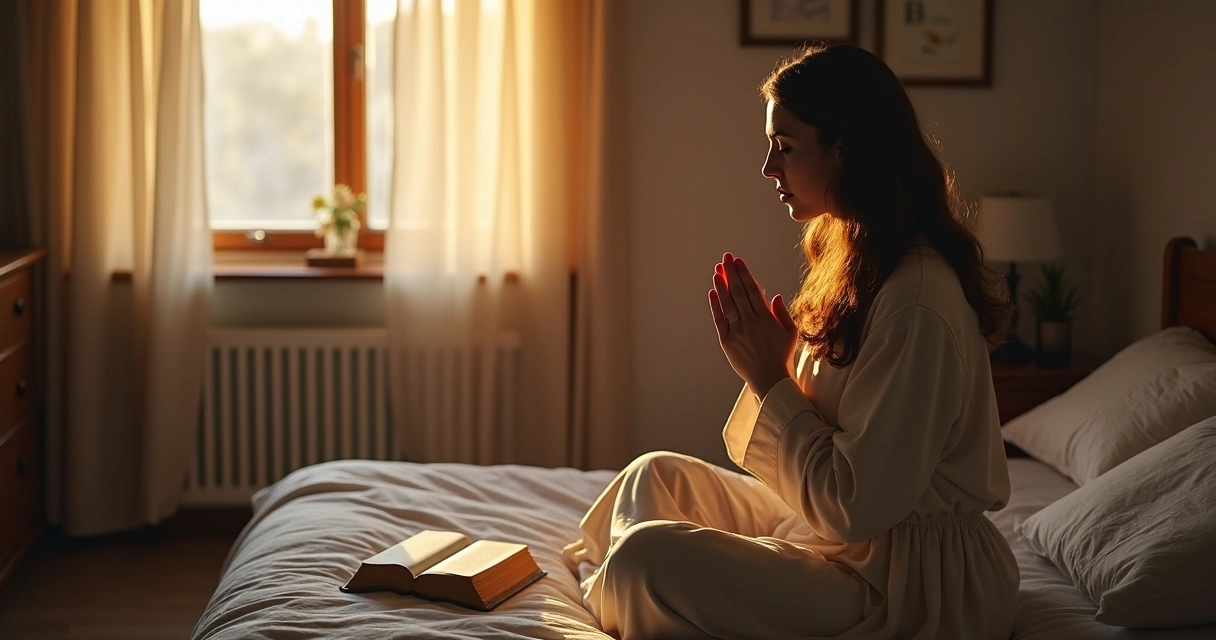 Mulher com roupa simples orando sentada na cama com Bíblia aberta ao lado 