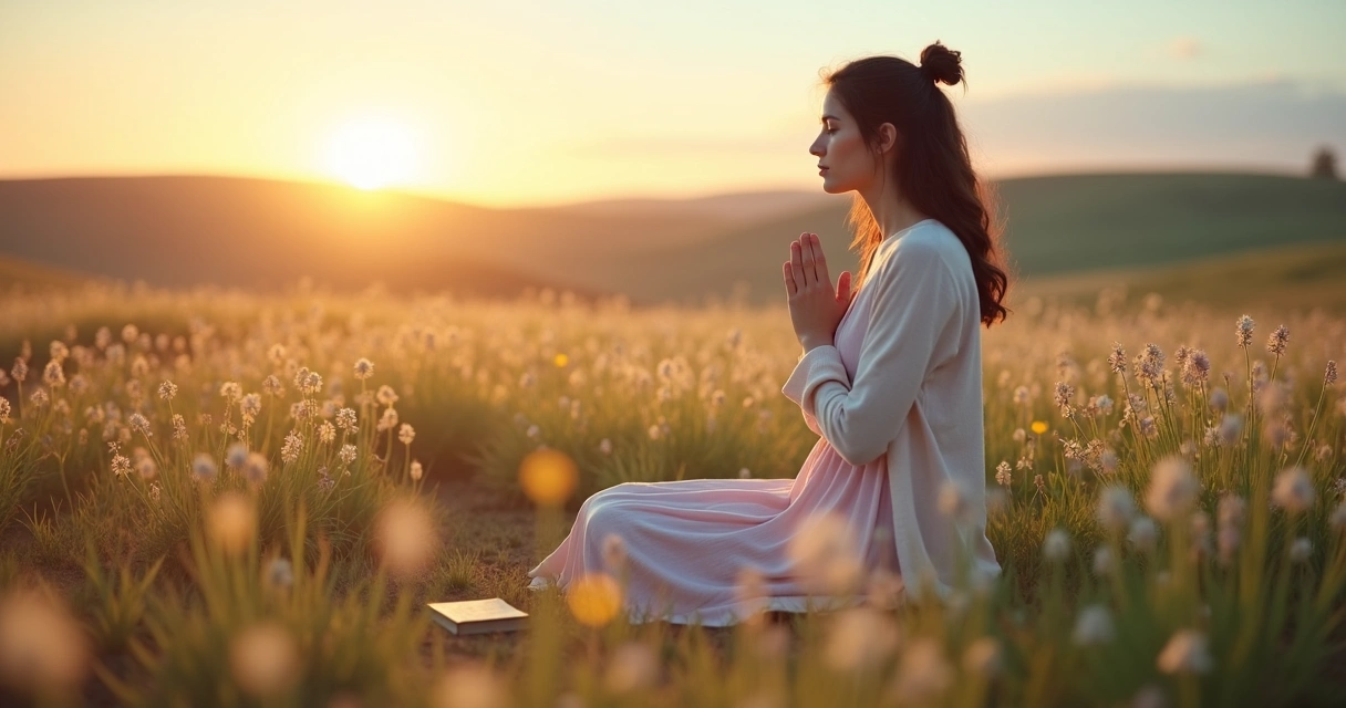Mulher cristã de joelhos em campo florido orando em silêncio ao nascer do sol 