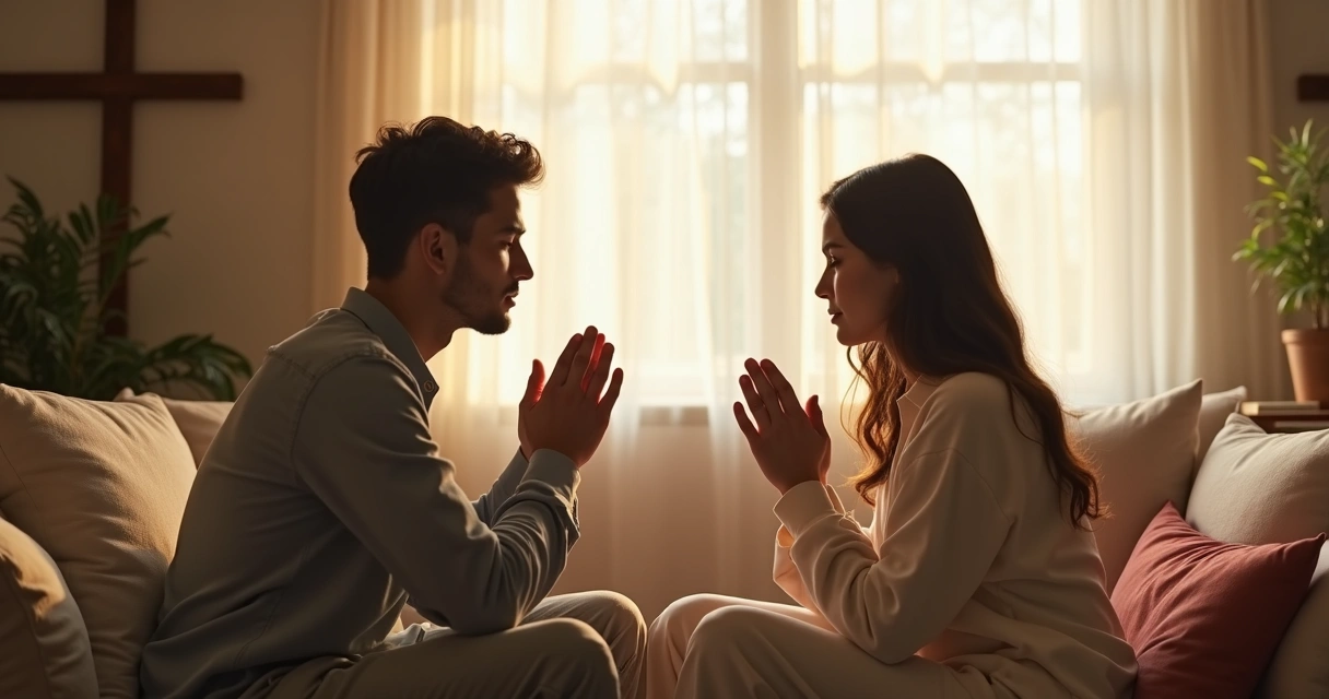 Mulher orando silenciosamente perto do marido sentado 