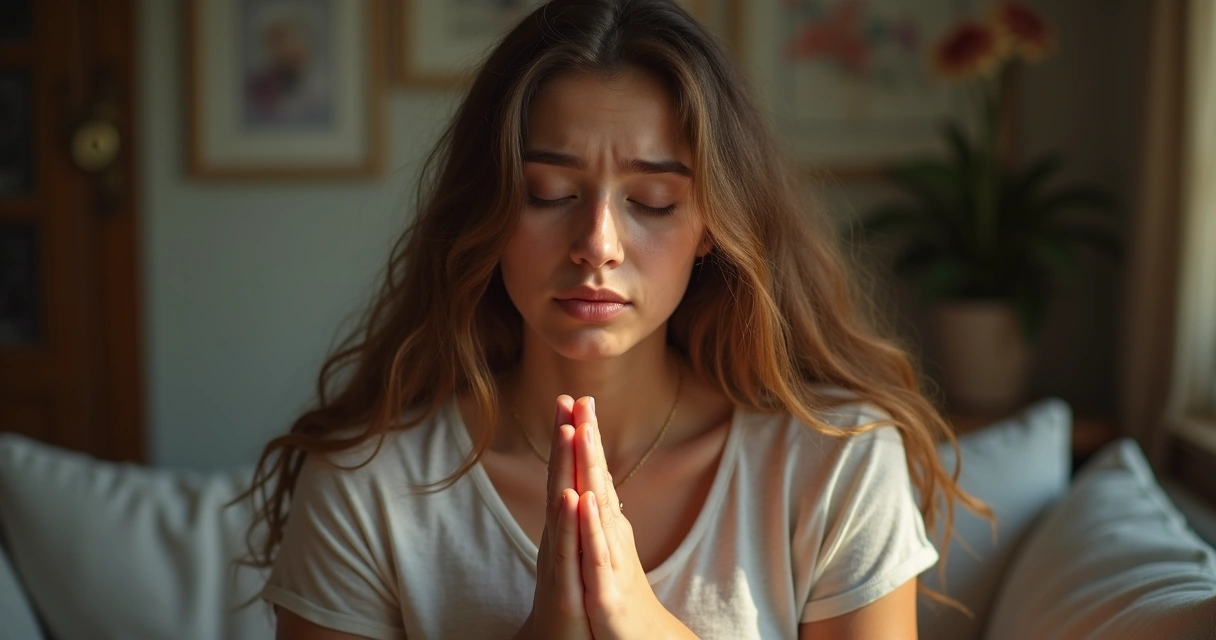 Mulher jovem orando enquanto chora, com expressão de esperança 
