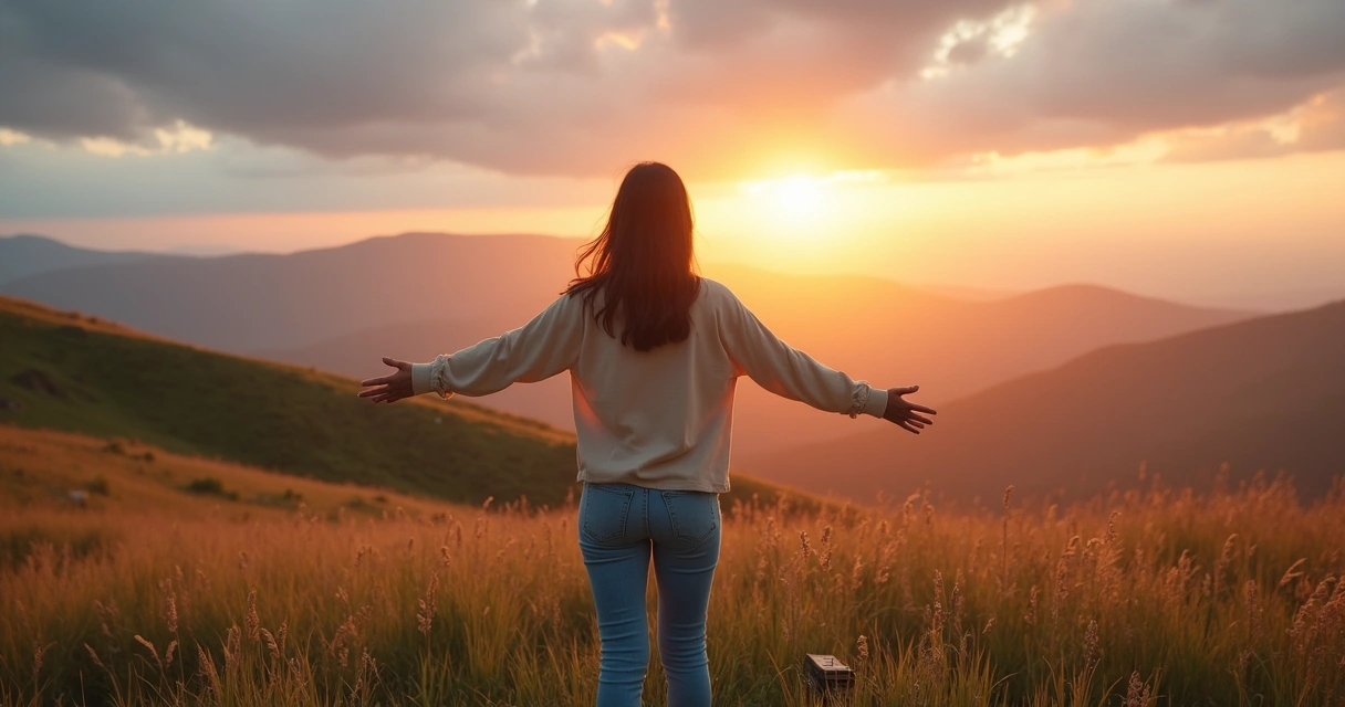 Mulher de braços abertos em uma colina ao amanhecer olhando o horizonte claro 