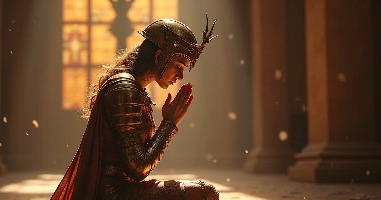 Mulher em postura de oração usando armadura dourada, fundo sutil religioso 