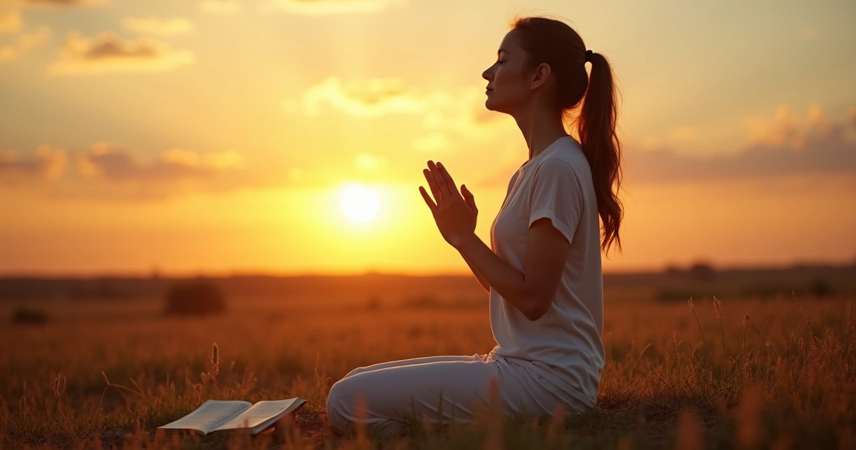 Mulher ajoelhada ao pôr do sol, mãos juntas em oração 