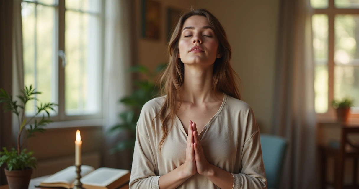 Mulher jovem orando com expressão confiante em ambiente iluminado e tranquilo