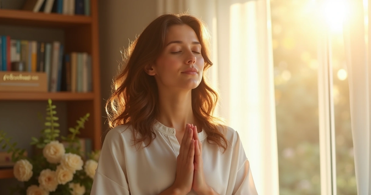 Mulher orando de olhos fechados sentindo conforto espiritual 