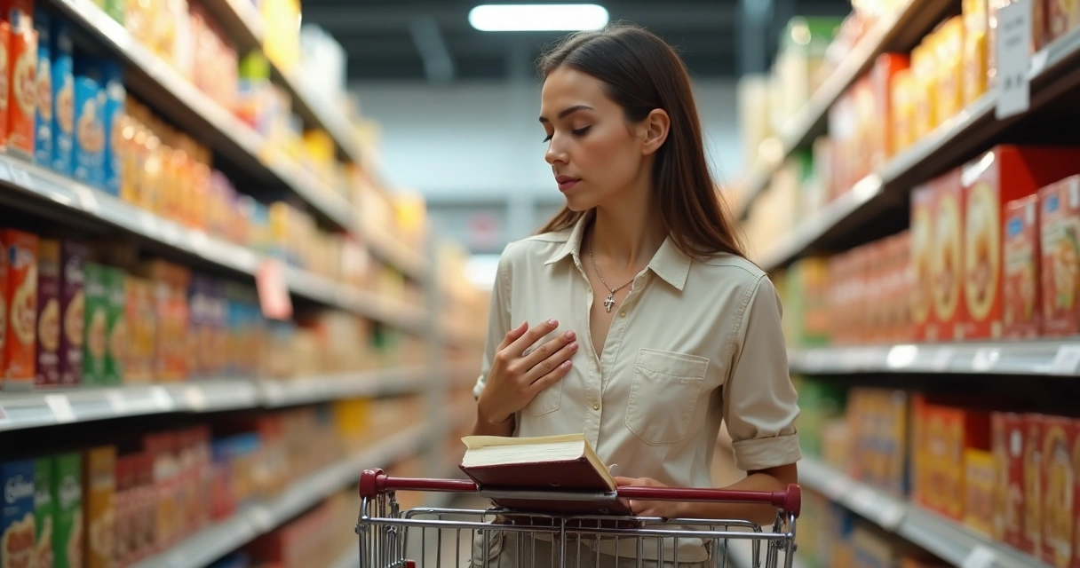 Mulher cristã orando discretamente no corredor de supermercado em frente à prateleira cheia de produtos 