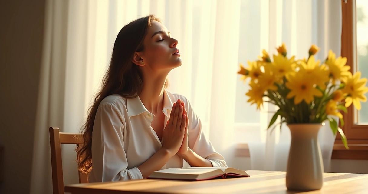 Mulher sentada à mesa orando de olhos fechados com livro devocional e flores ao lado 
