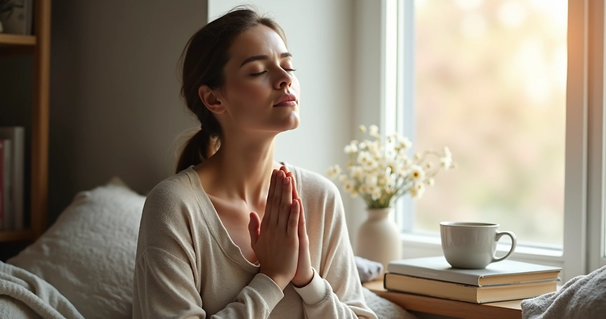 Mulher orando em ambiente calmo com luz suave, transmitindo paz e autocuidado 