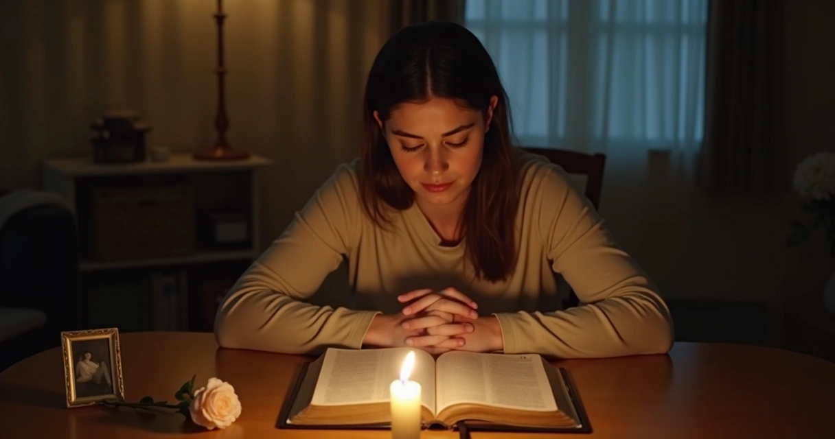 Mulher sozinha orando em silêncio diante de vela acesa e uma única flor sobre a mesa 