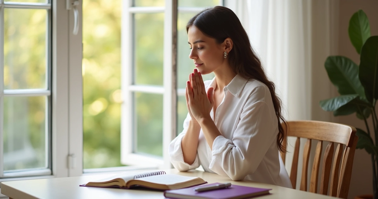 Mulher com as mãos cruzadas orando sentada diante de uma janela aberta 