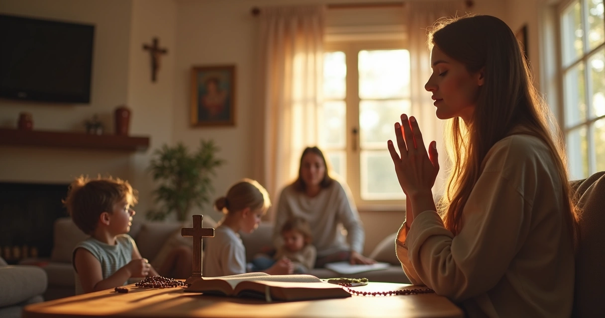 Mulher em oração no ambiente de casa com família ao fundo serena e concentrada 
