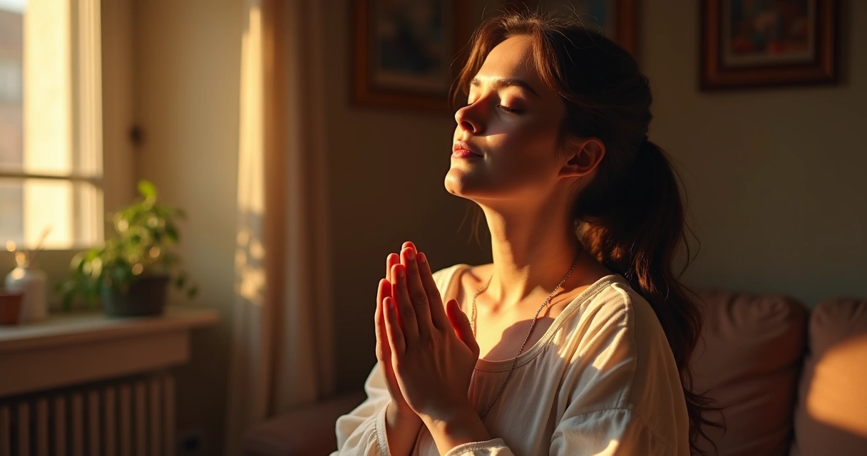 Mulher orando em casa com luz suave 