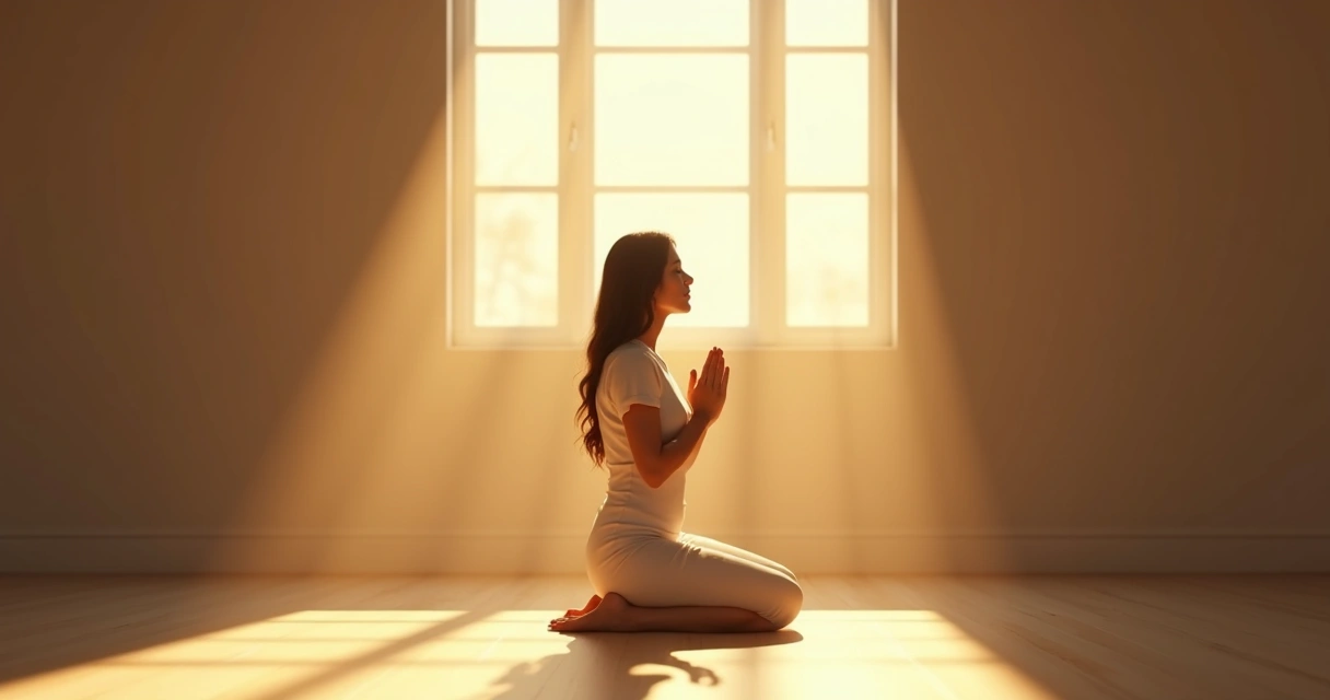 Mulher ajoelhada em oração sob luz dourada que simboliza superação espiritual 