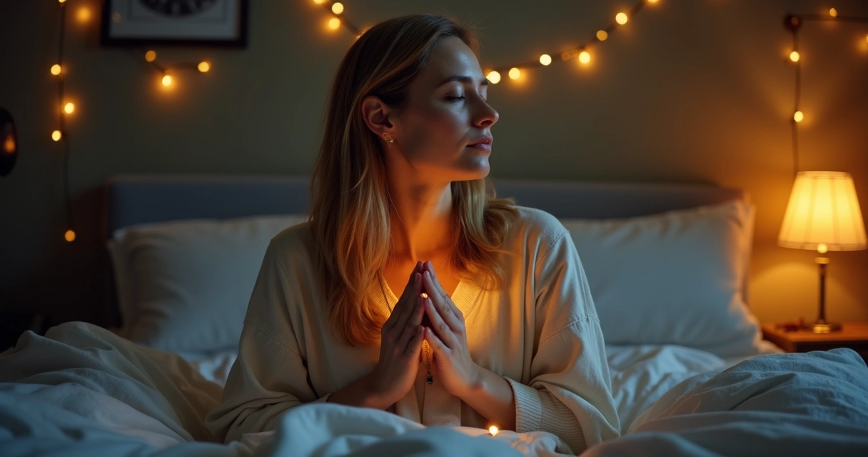 Mulher orando sentada à noite com luz suave e olhos fechados 