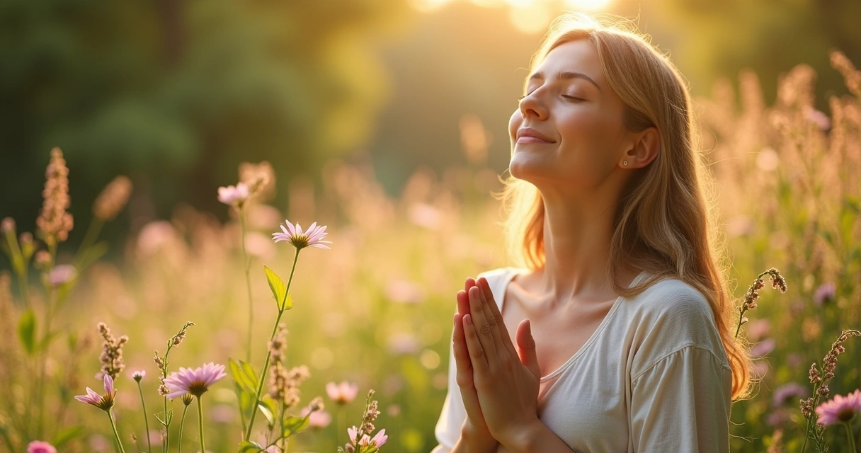 Mulher de olhos fechados orando em meio a flores no verão 