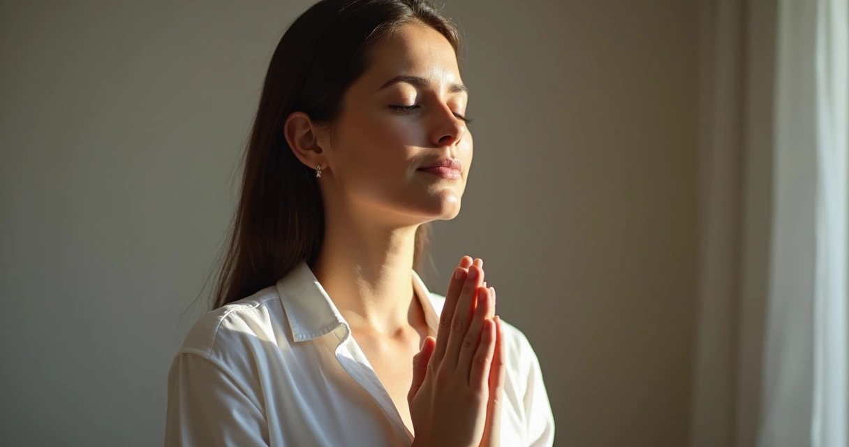 Mulher orando, mãos juntas, olhos fechados 