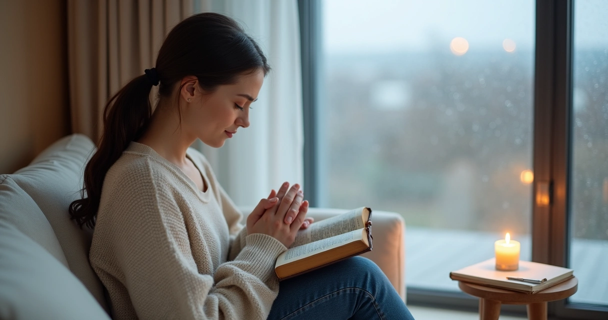 Mulher cristã orando em gratidão perto da janela em um dia nublado 