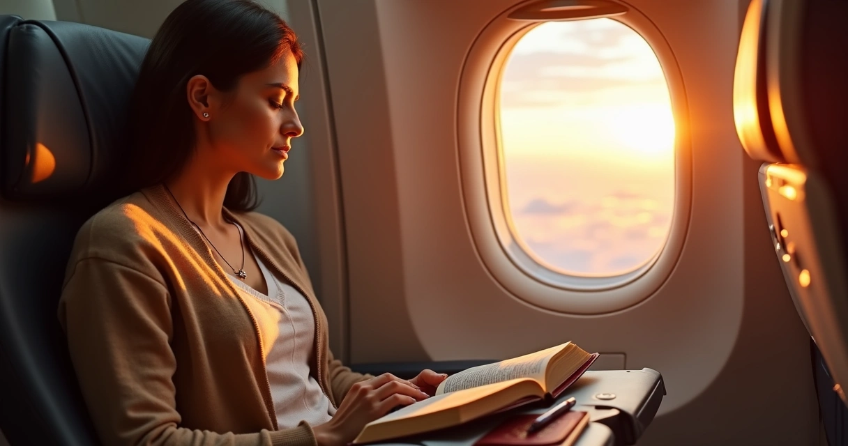 Mulher sentada na janela de um avião viajando com a Bíblia aberta no colo e caderno de anotações 