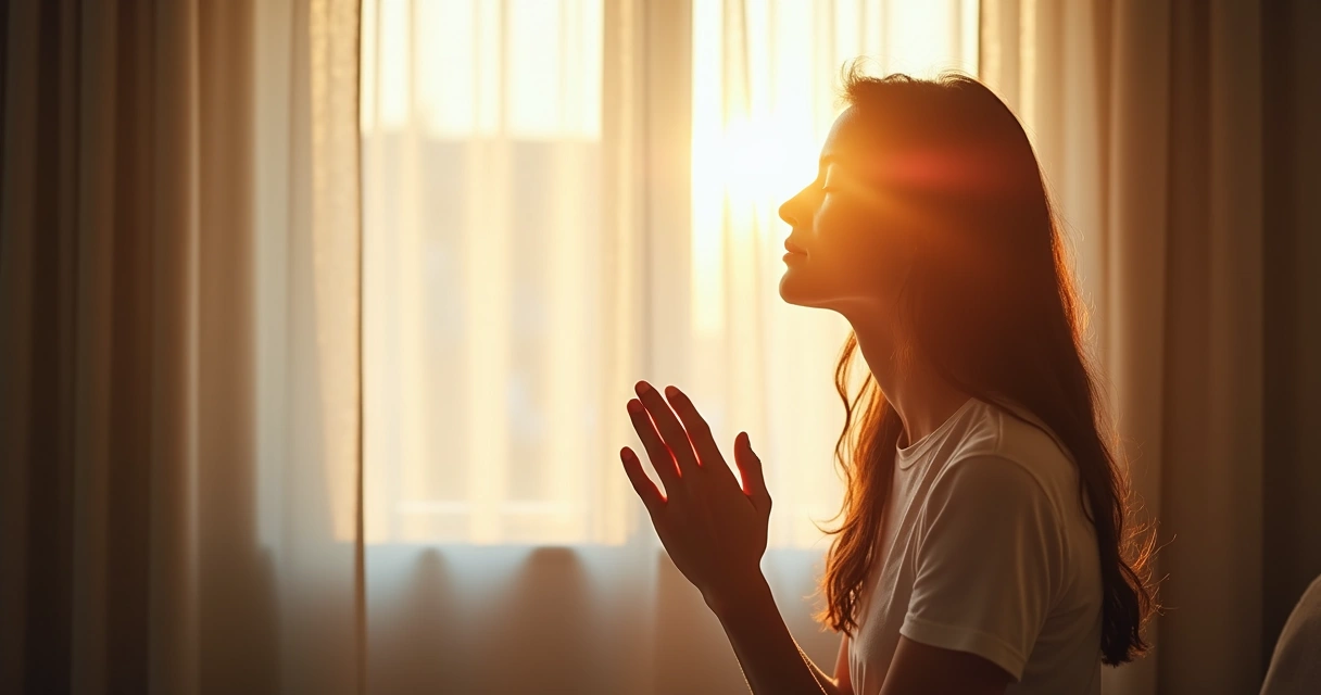 Mulher orando diante de uma janela iluminada por luz suave 