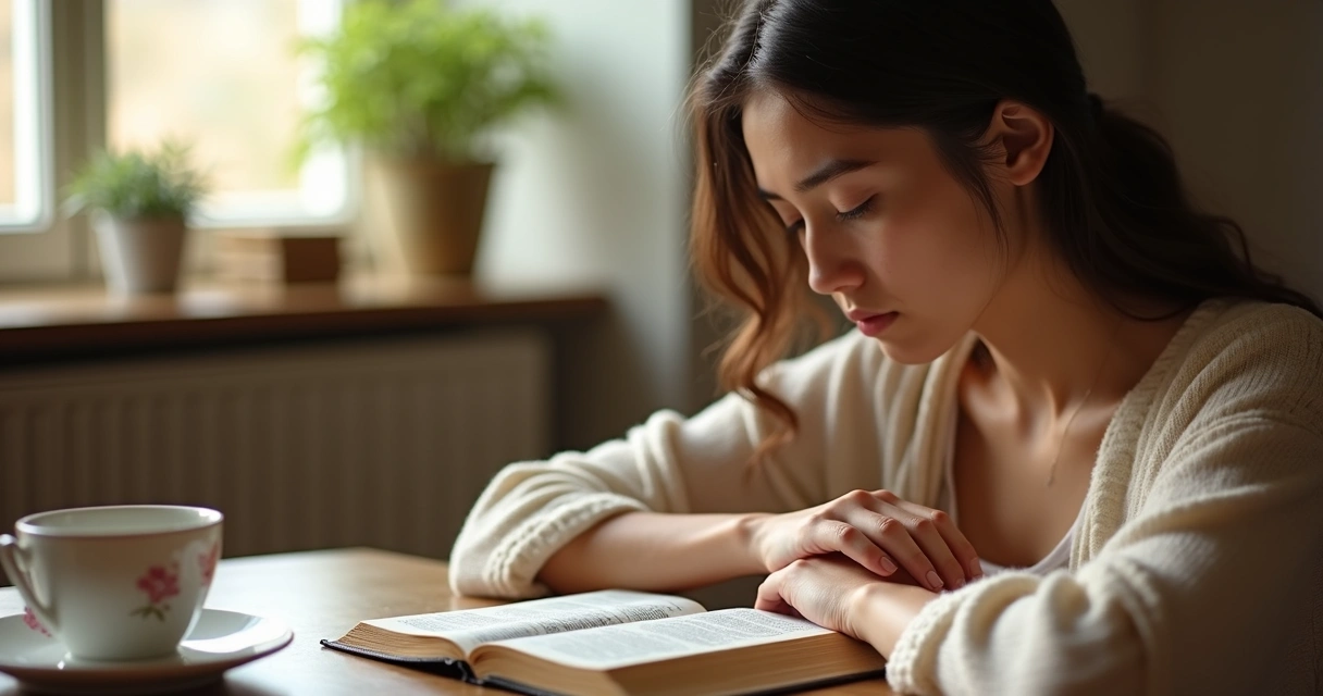 Mulher sentada com Bíblia, olhos fechados em oração, ambiente calmo 