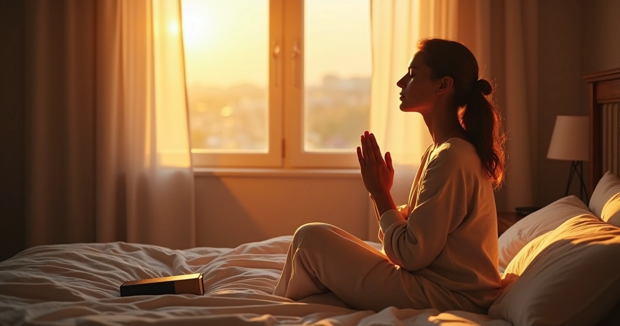 Mulher orando de olhos fechados, sentada na cama com expressão esperançosa 