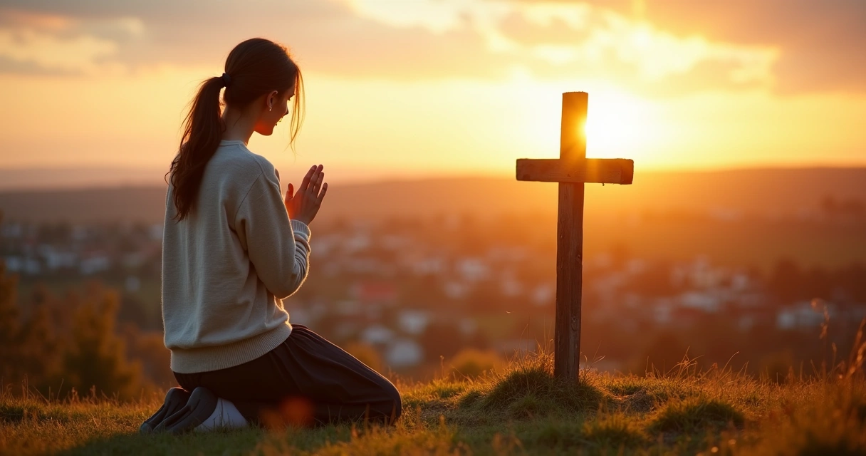 Mulher cristã orando de joelhos perto de uma cruz de madeira ao pôr do sol 