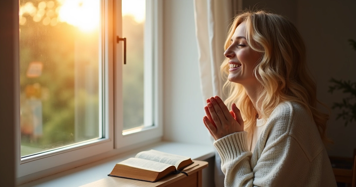 Mulher de olhos fechados sorrindo em oração matinal 