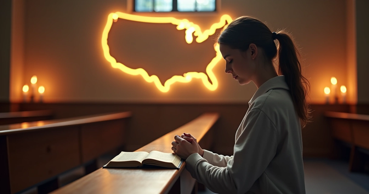 Mulher cristã orando de joelhos diante de mapa iluminado dos Estados Unidos 