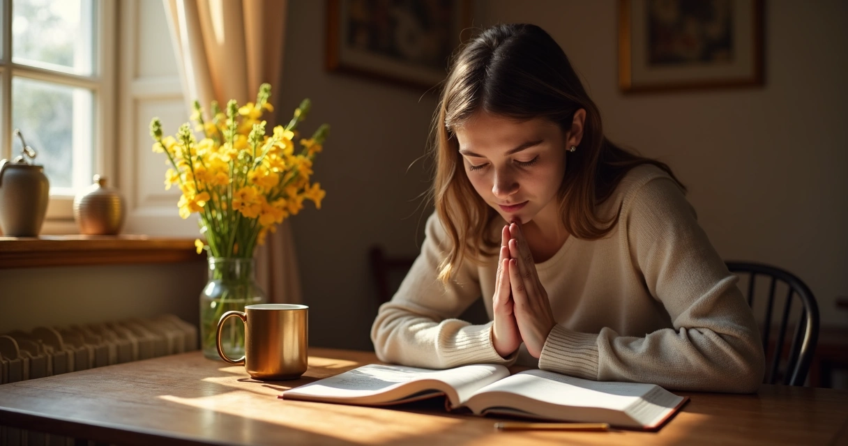 Mulher ora de olhos fechados diante de bíblia, caderno e xícara dourada 
