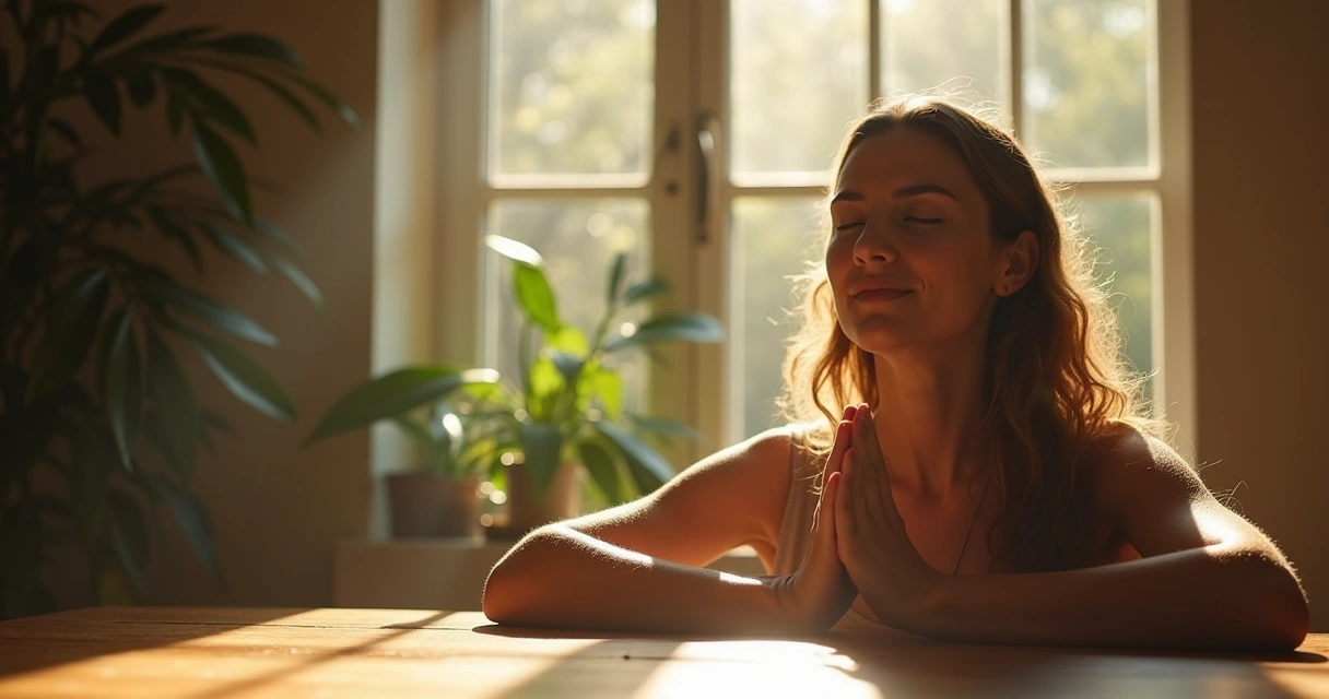 Mulher orando à mesa com raios de sol iluminando 
