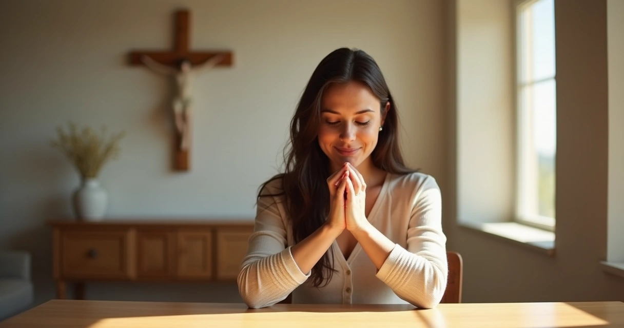 Mulher sentada com as mãos postas, em oração silenciosa, luz suave, ambiente calmo, expressão de paz 