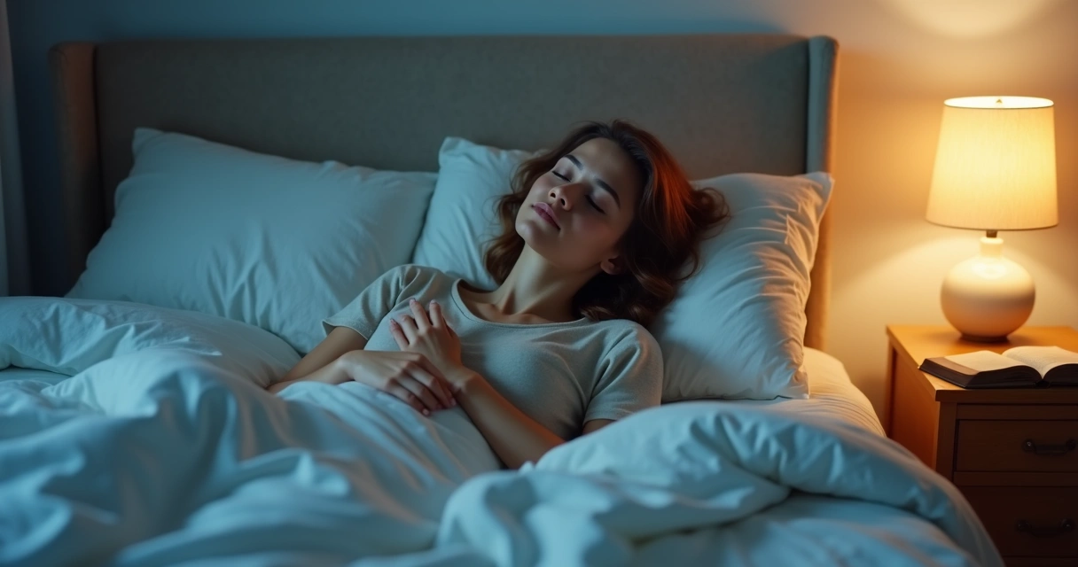 Mulher deitada na cama orando, com luz suave noturna e expressão de tranquilidade 