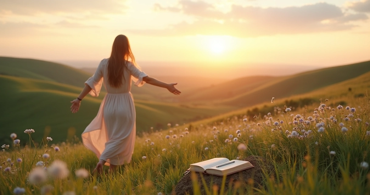 Mulher orando em pé em campo aberto ao nascer do sol com colinas ao fundo 
