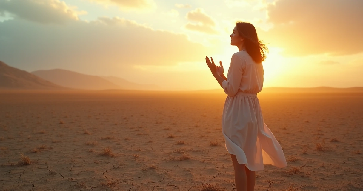 Mulher cristã orando em um campo seco ao nascer do sol 