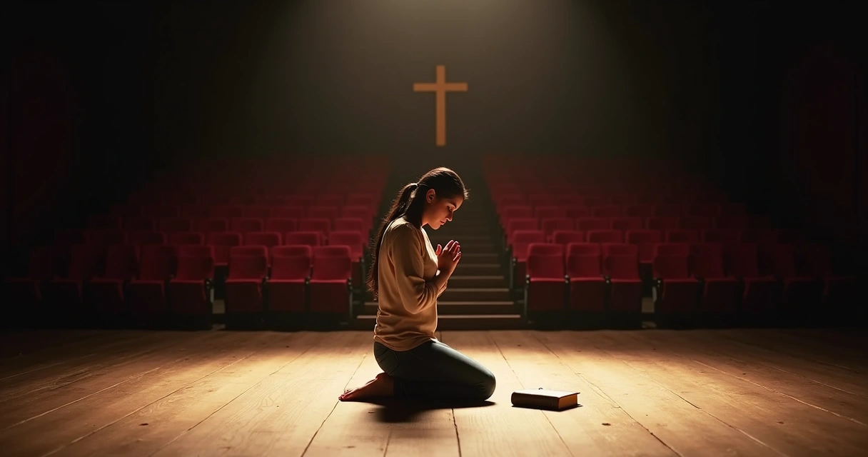 Mulher cristã ajoelhada em palco vazio com luz sobre uma cruz discreta ao fundo 