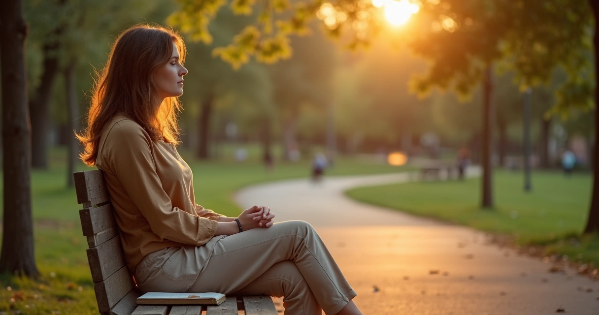 Mulher sentada em banco de parque ao pôr do sol em oração silenciosa 