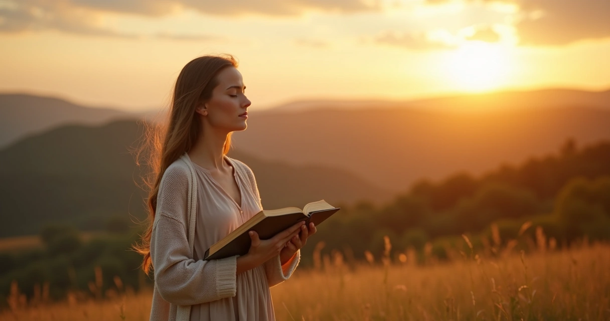 Mulher cristã orando ao pôr do sol com Bíblia nas mãos 